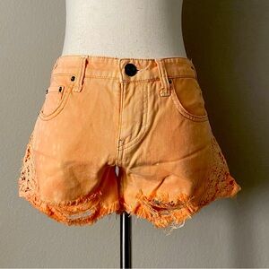 Free People Distressed Lace Denim Cutoff Shorts